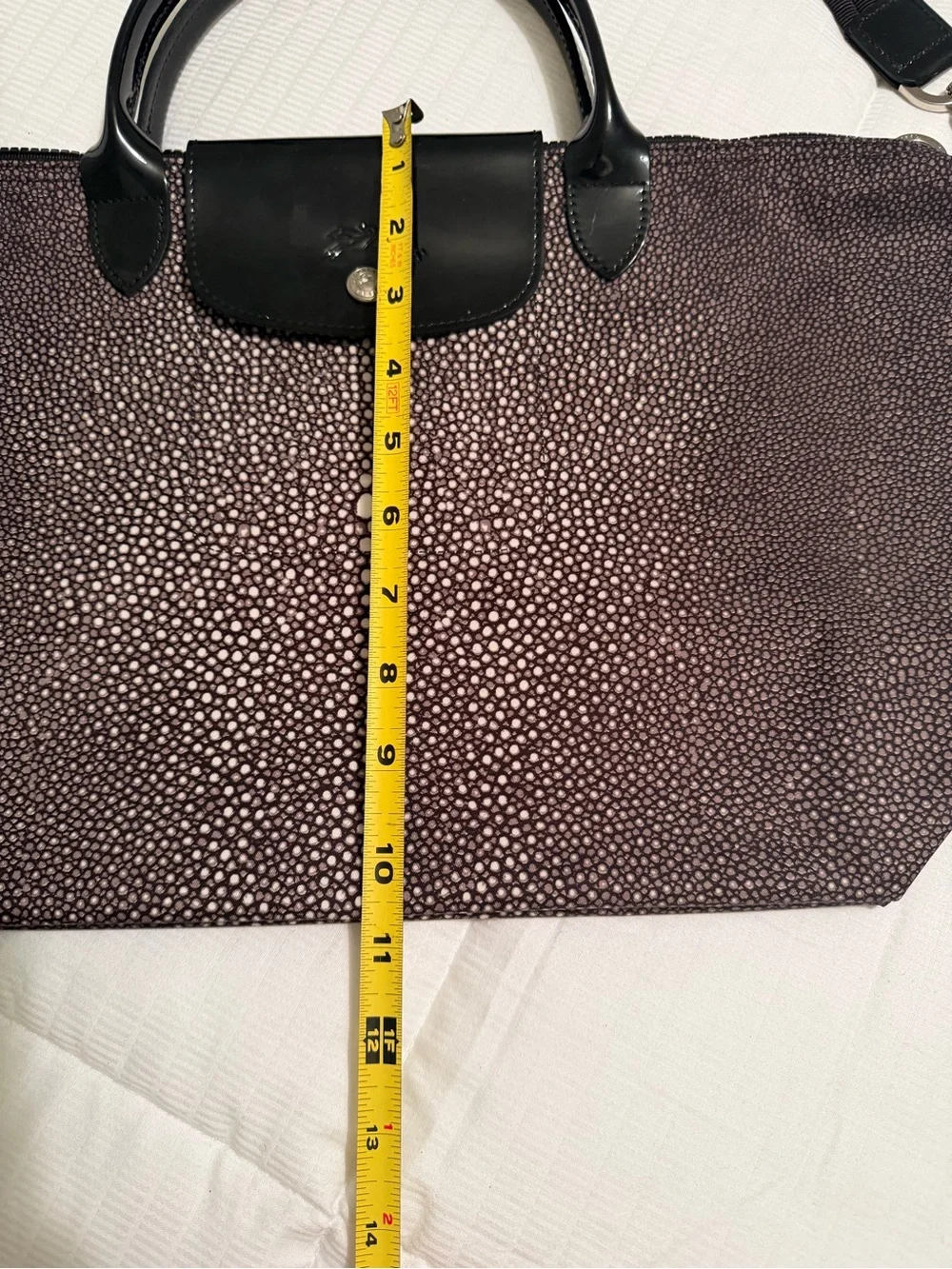 Longchamp Black & White Pebble Print Tote with Black Patent Leather Accents NWT